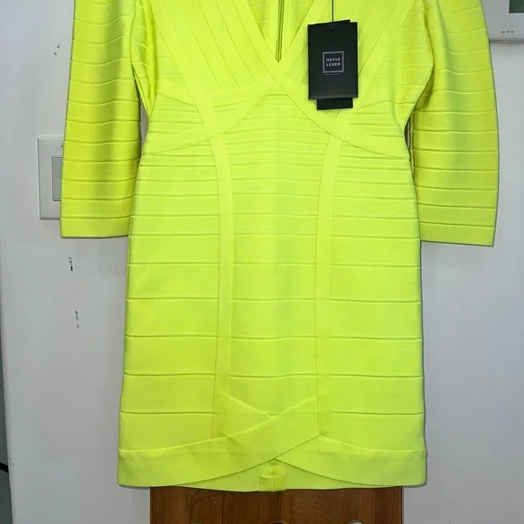 🆕 Hervé Leger Neon Yellow Nathalia Night Out Dress - Picture 6 of 12